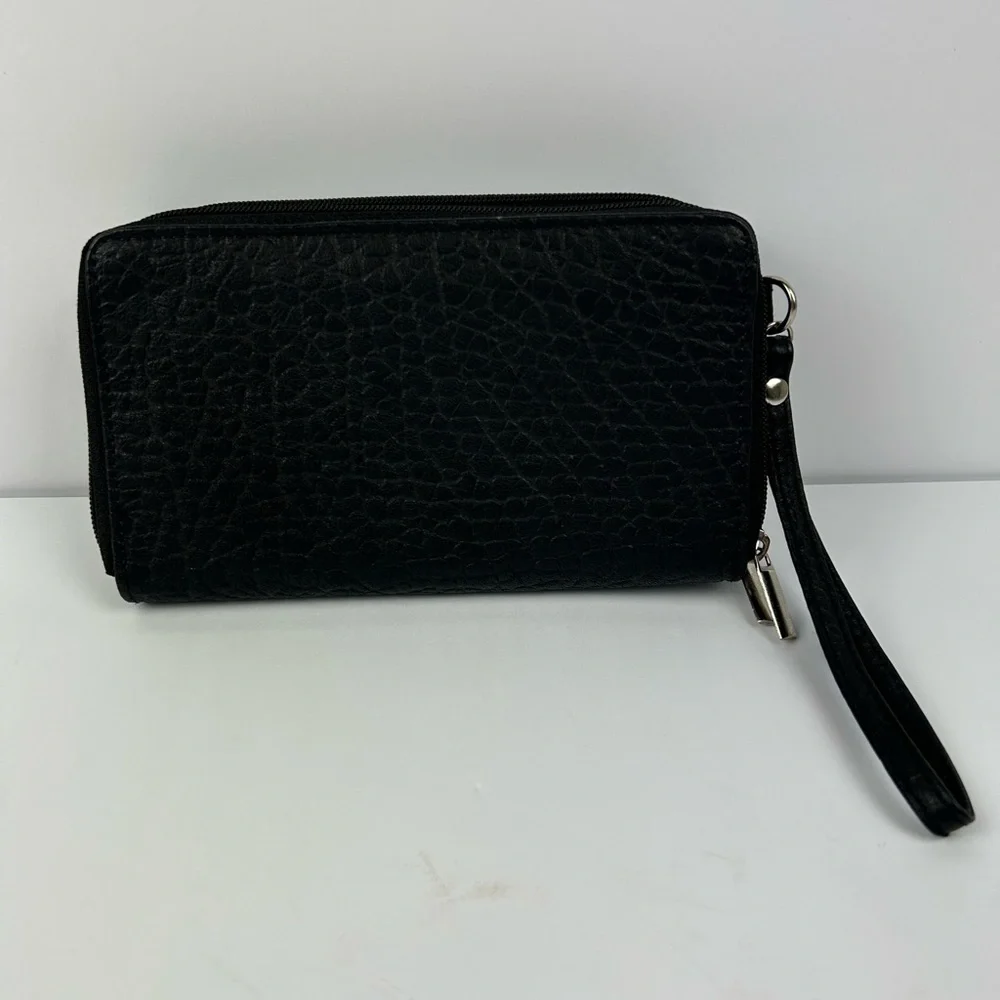 Genuine Black Textured Leather BUENO Clutch with Wrist Strap